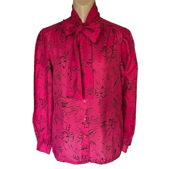 JONQUIL Judy Bond Fuchsia Black Abstract Floral Pattern Bow Tie Blouse - Picture 1 of 11